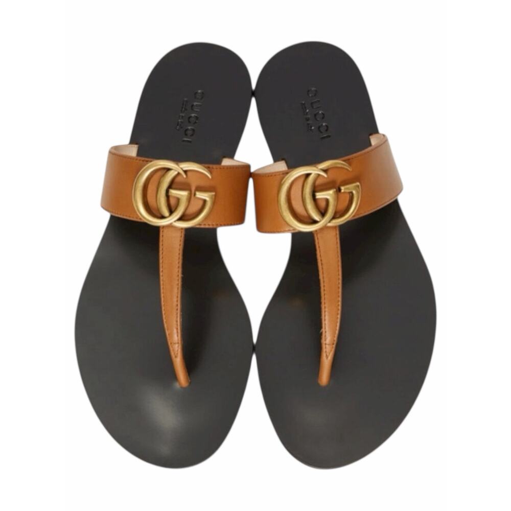 Gucci Leather Thong Sandals Gold Double G Logo Orange Brown Size 37 - Picture 2 of 11